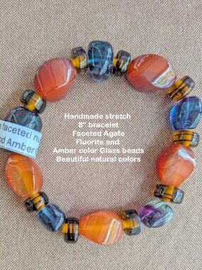 Handmade stretch 8" bracelet Faceted Agate, Fluorite & Amber color Glass beads